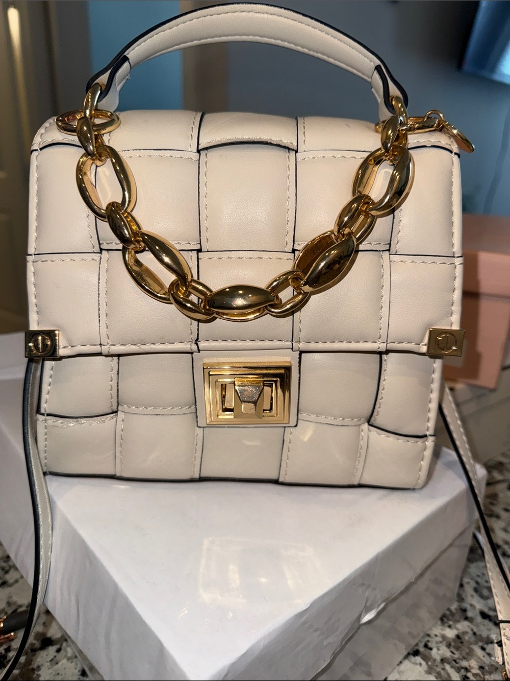 Aldo White Quilted Crossbody Satchel with Gold Chain